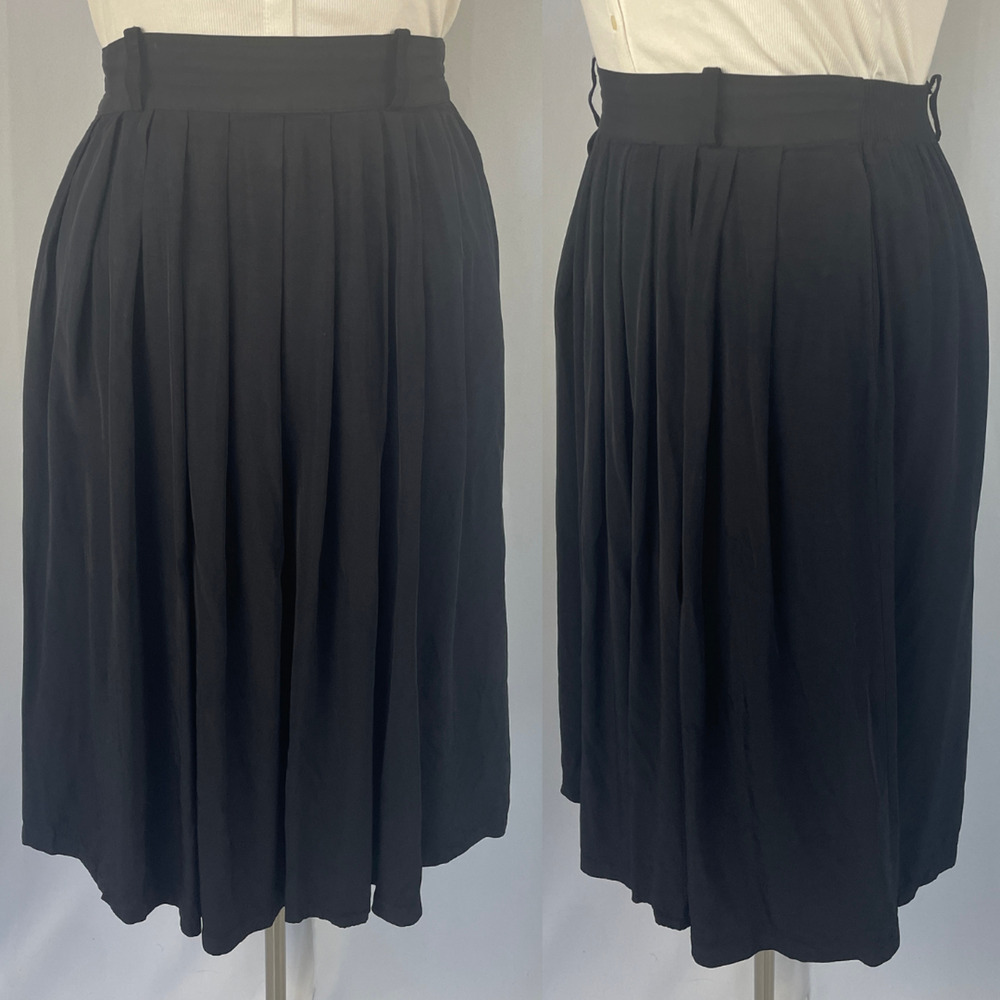 Vintage Pleated Skirt Size 16 Black Solid Midi ALine Minimal Academia Office 90s - Picture 13 of 13